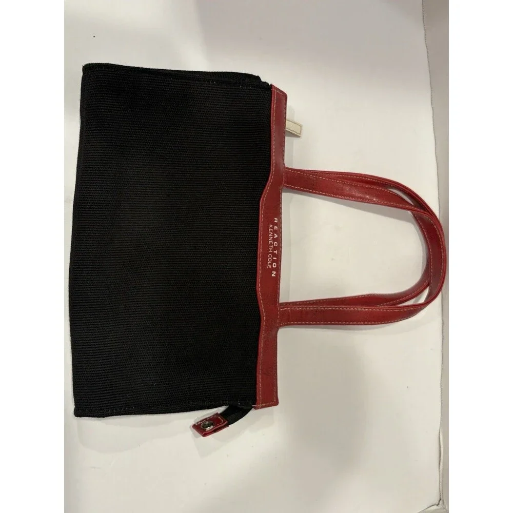 Kenneth Cole Reaction Black Canvas Red Leather Mini Tote Shoulder Bag Zip Top